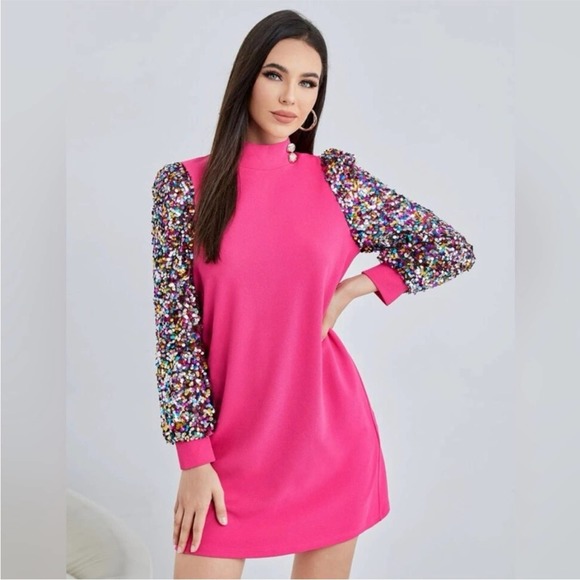 SHEIN Dresses & Skirts - Shein pink dress with sequin sleeves